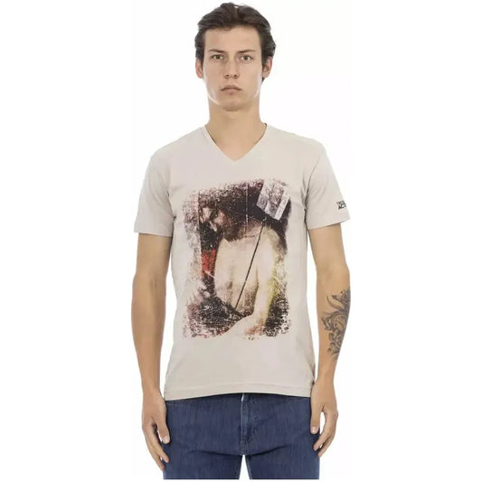 Trussardi Action Beige Cotton Men V-neck T-shirt