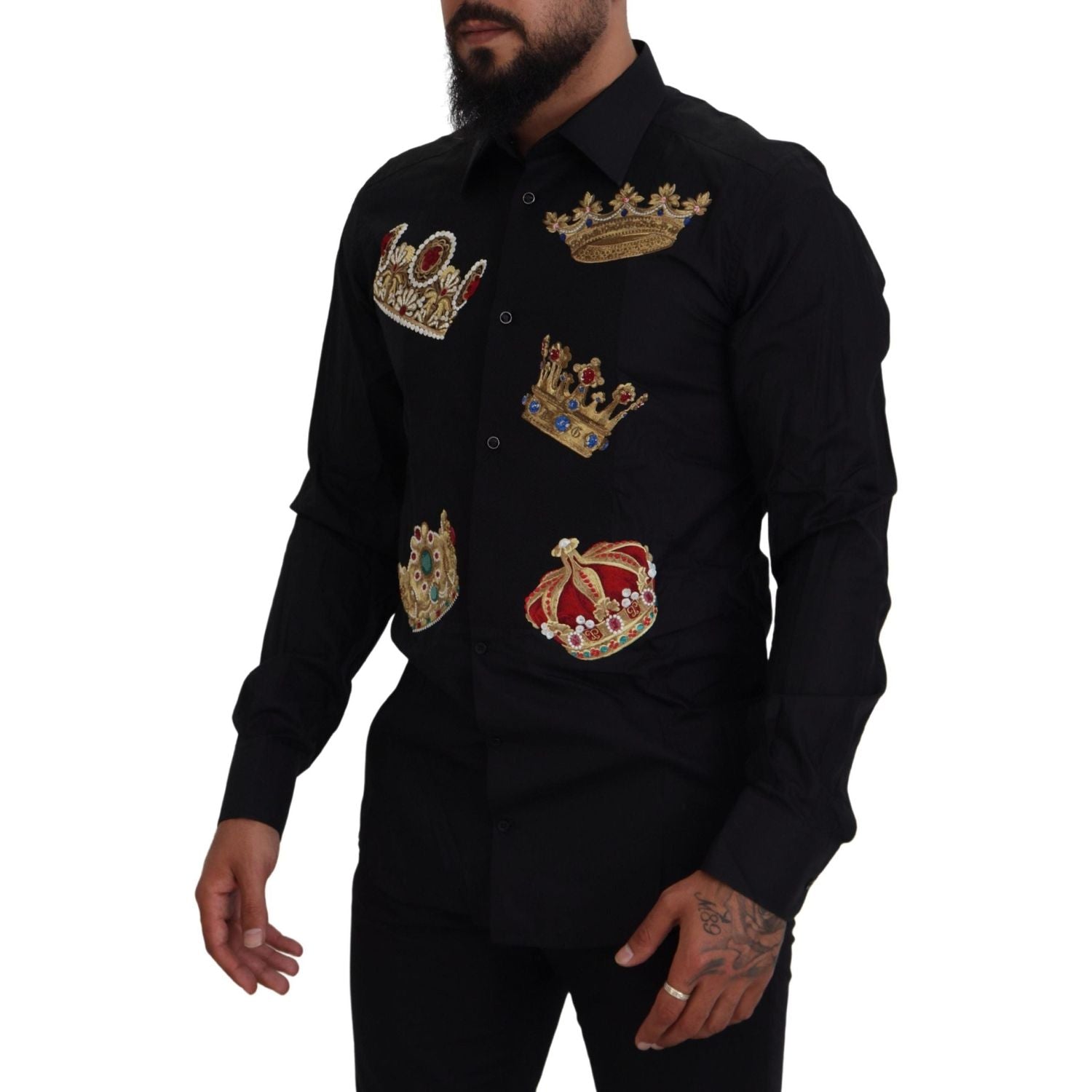 Dolce & Gabbana Black Gold Crown Slim Fit Dress Formal Shirt