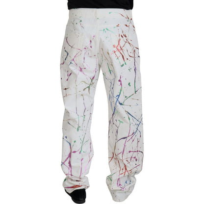 Dolce & Gabbana White Cotton Color Splash Print Denim Pants
