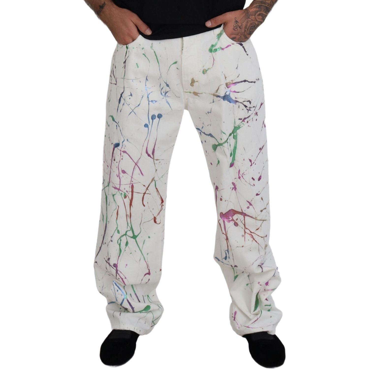 Dolce & Gabbana White Cotton Color Splash Print Denim Pants