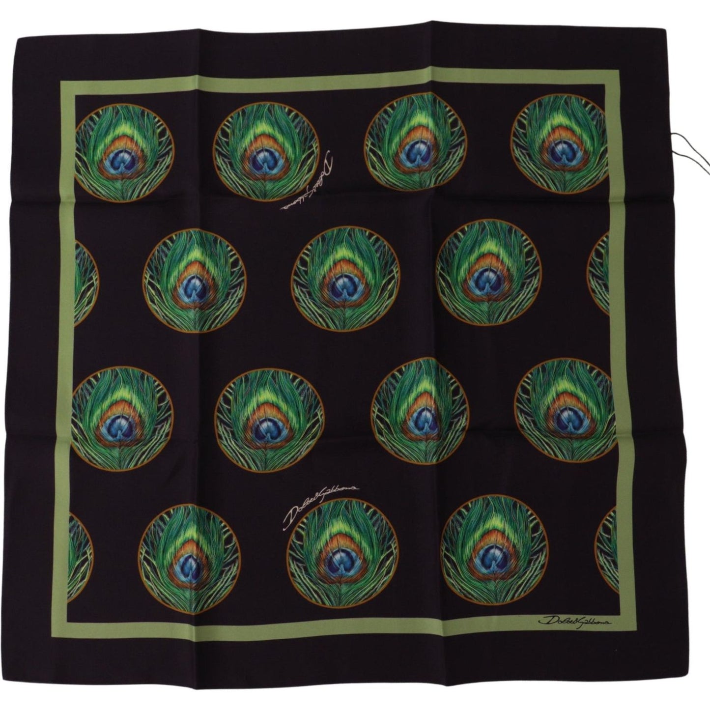 Dolce & Gabbana Black Peacock Feather DG Printed Square Handkerchief Scarf