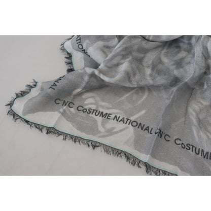Costume National Gray Print Shawl Foulard Fringes Scarf