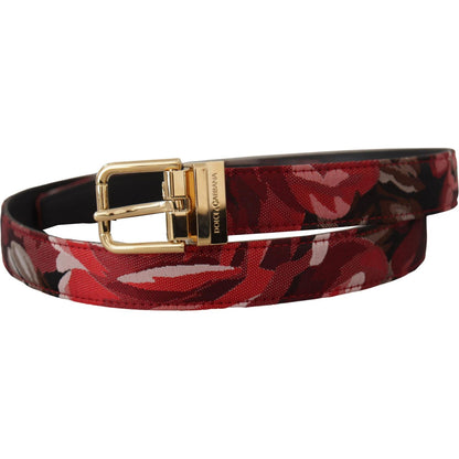 Dolce & Gabbana Red Jacquard Rose Leather Gold Metal Buckle Belt