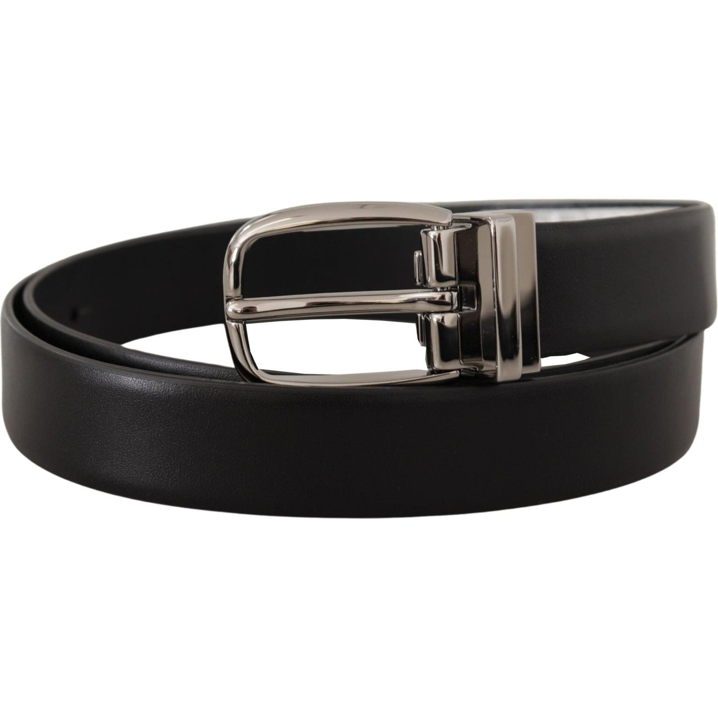 Dolce & Gabbana Black Leather Silver Metal Chrome Logo Buckle Belt