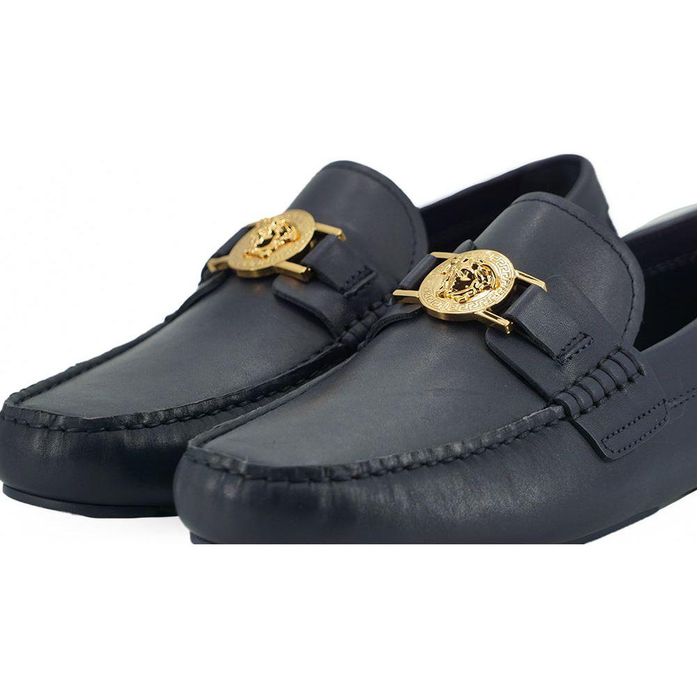 Versace Elegant Navy Blue Calf Leather Loafers