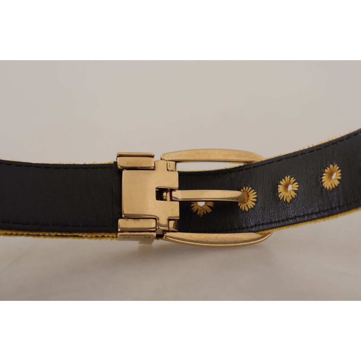 Dolce & Gabbana Mustard Velvet Gold Logo Engraved Metal Buckle Belt