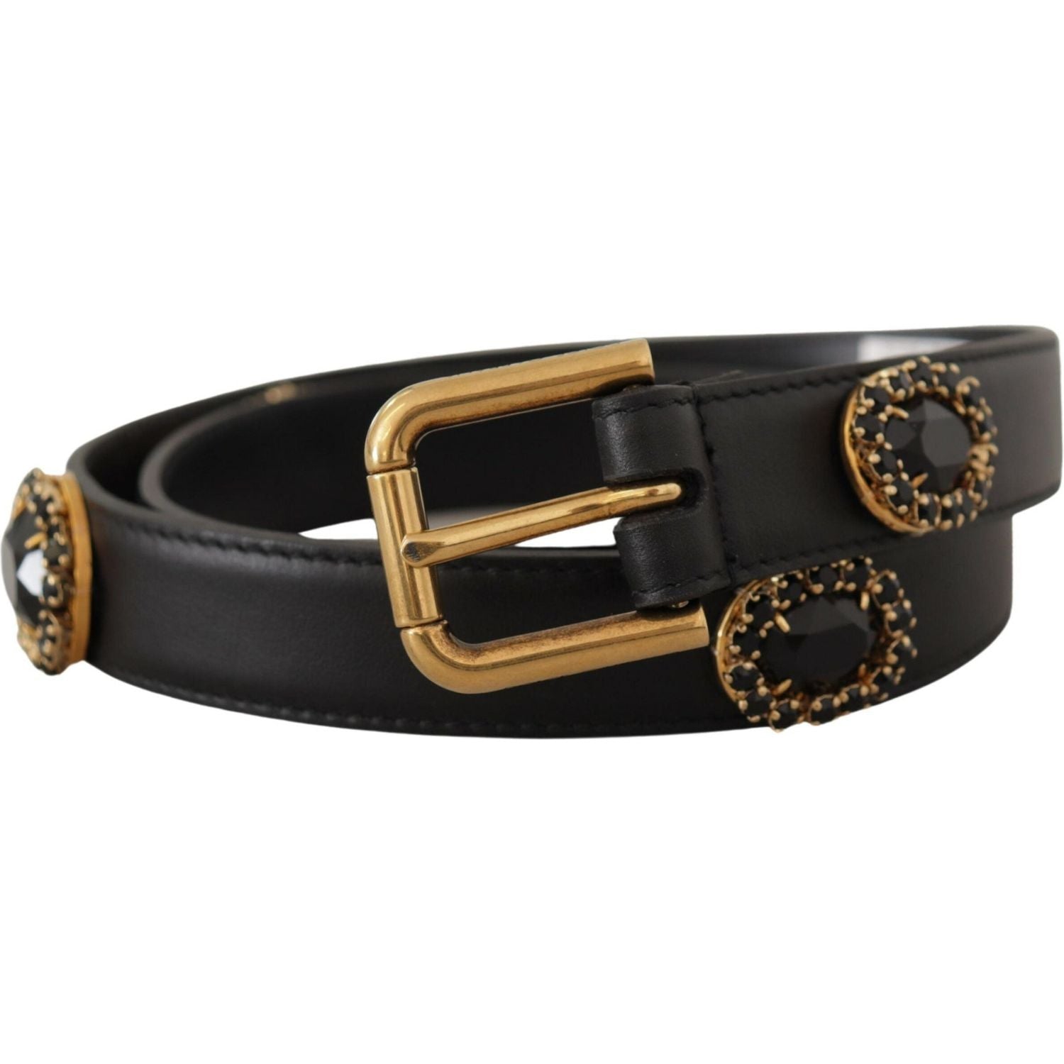 Dolce & Gabbana Black Leather Embellished Crystal Logo Belt