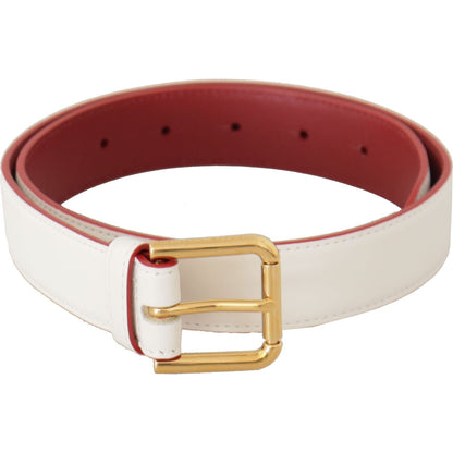 Dolce & Gabbana White Calf Leather Two-Toned Gold Metal Buckle Belt