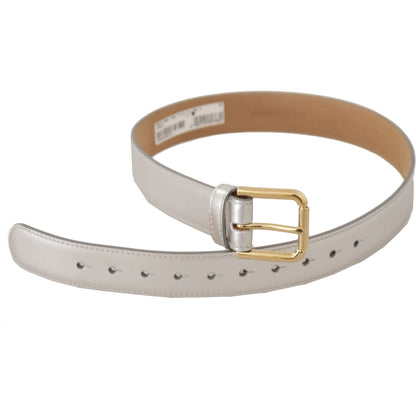 Dolce & Gabbana Silver Leather Gold Tone Logo Metal Buckle Belt