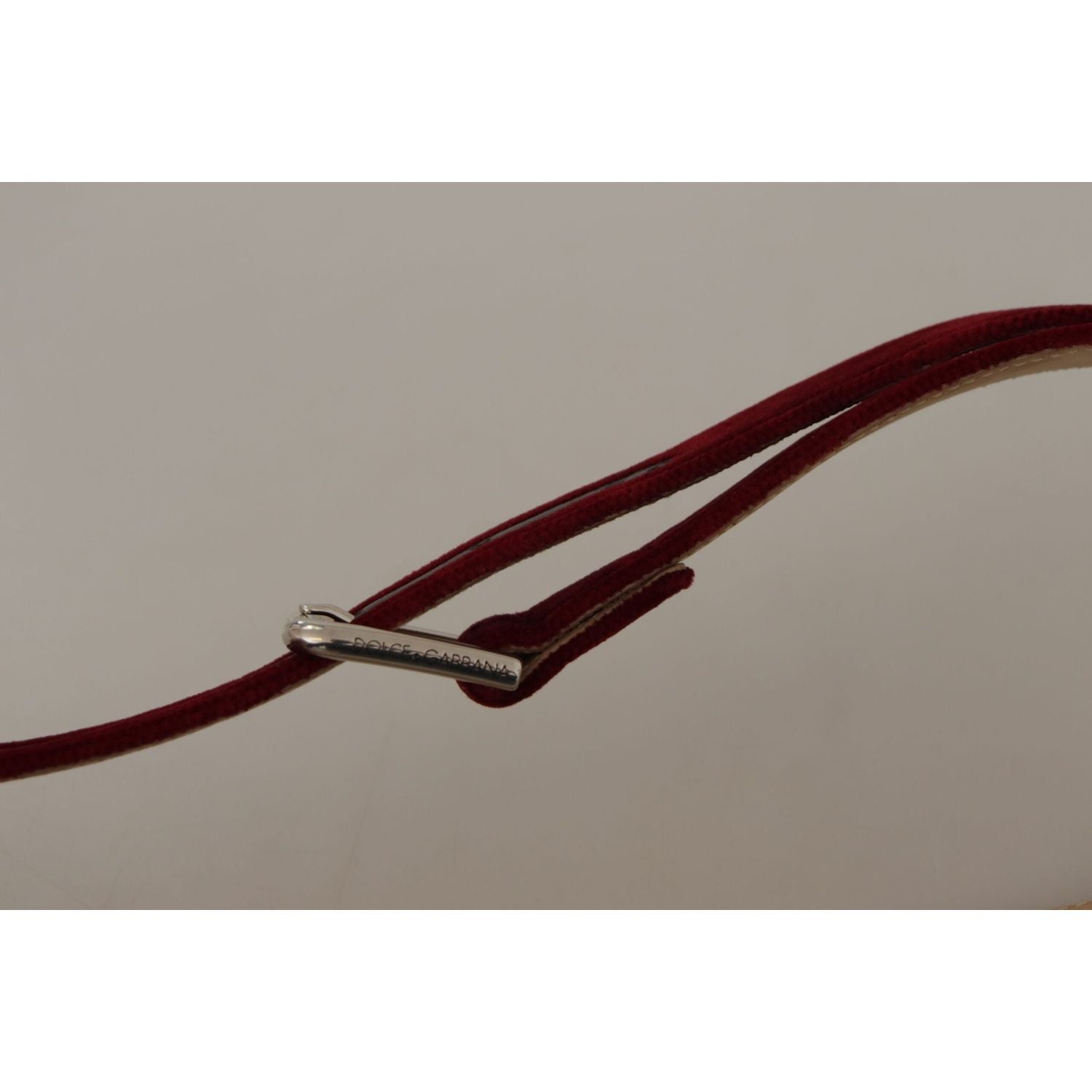Dolce & Gabbana Red Velvet Silver Logo Engraved Metal Buckle Belt