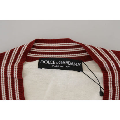 Dolce & Gabbana White Red Knitted V-neck Pullover Sweater
