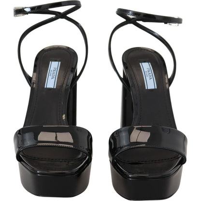 Prada Black Patent Sandals Ankle Strap Heels Leather