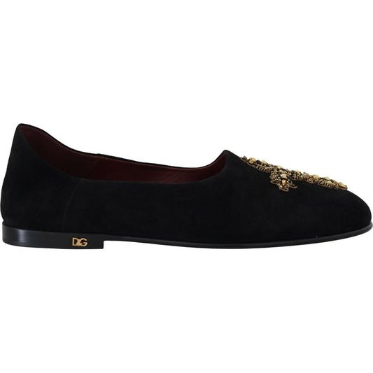 Dolce & Gabbana Black Suede Gold Cross Slip On Loafers Shoes