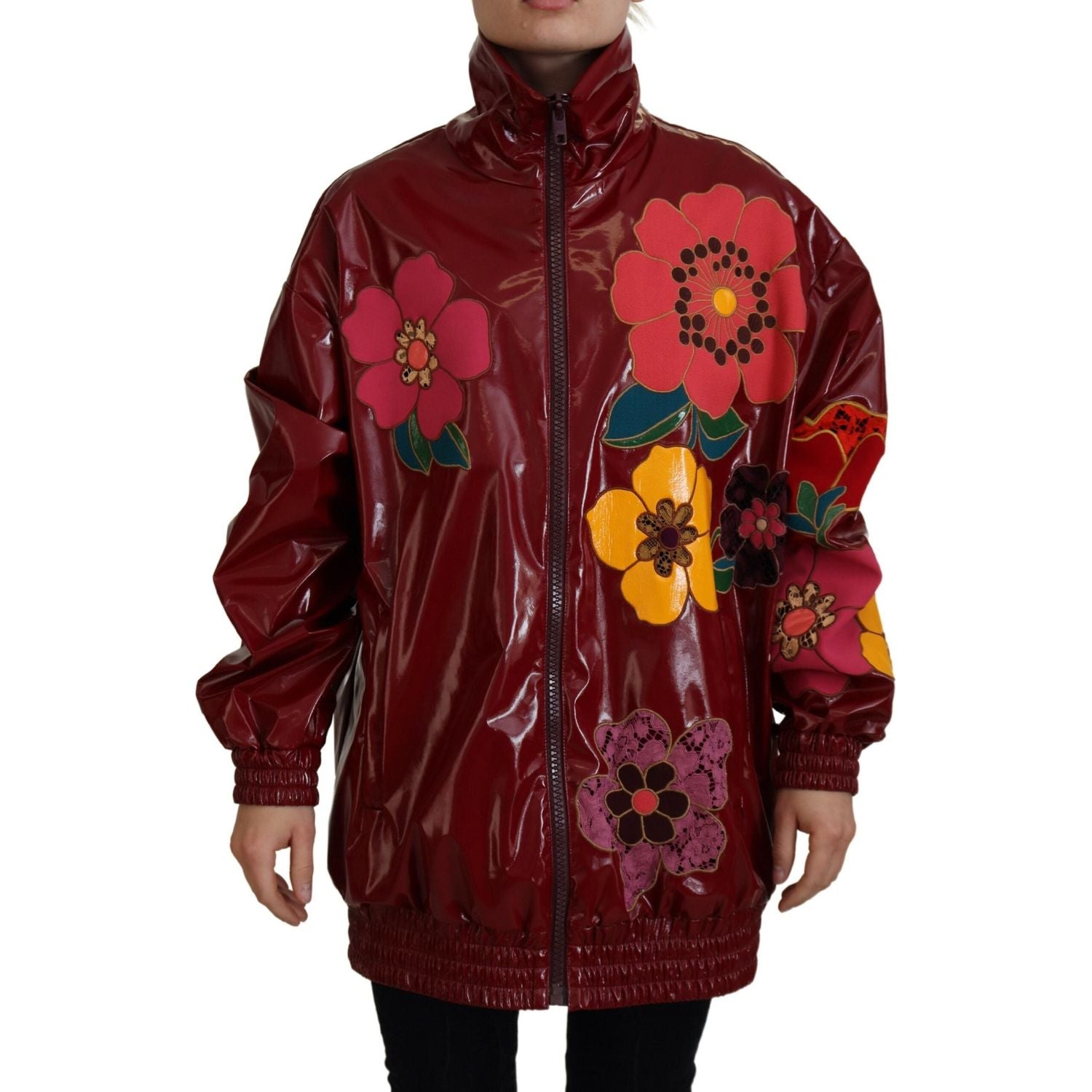 Dolce & Gabbana Maroon Floral Full Zip Polyester Women Jacket