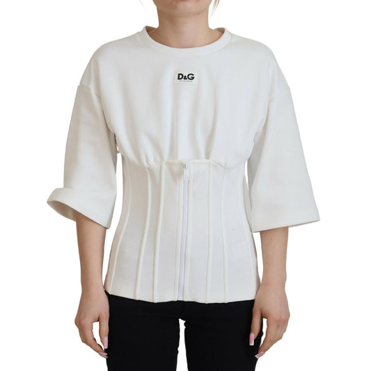 Dolce & Gabbana White Corset Stretch Cotton Top T-shirt with zipper closure and logo, short sleeve, crewneck, made in Italy