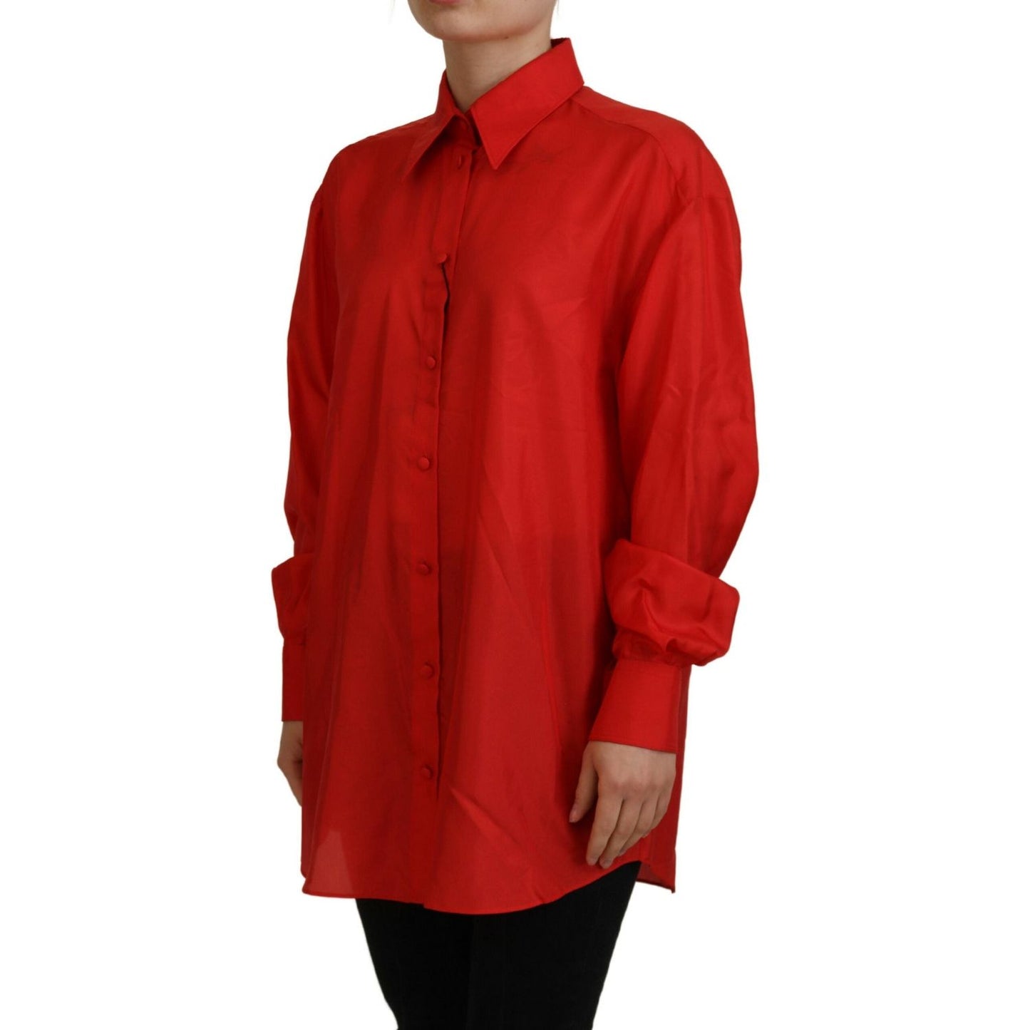 Dolce & Gabbana Red Silk Collared Long Sleeves Dress Shirt Top