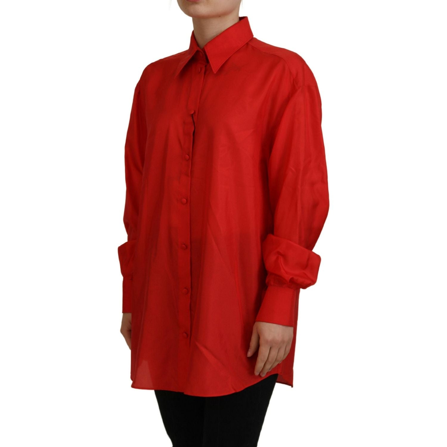 Dolce & Gabbana Red Silk Collared Long Sleeves Dress Shirt Top