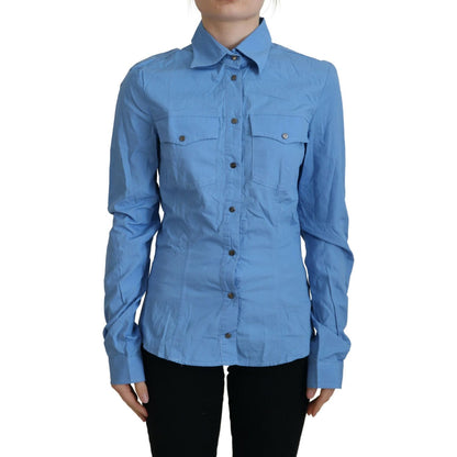 Ferre Blue Cotton Long Sleeves Collared Button Down Top