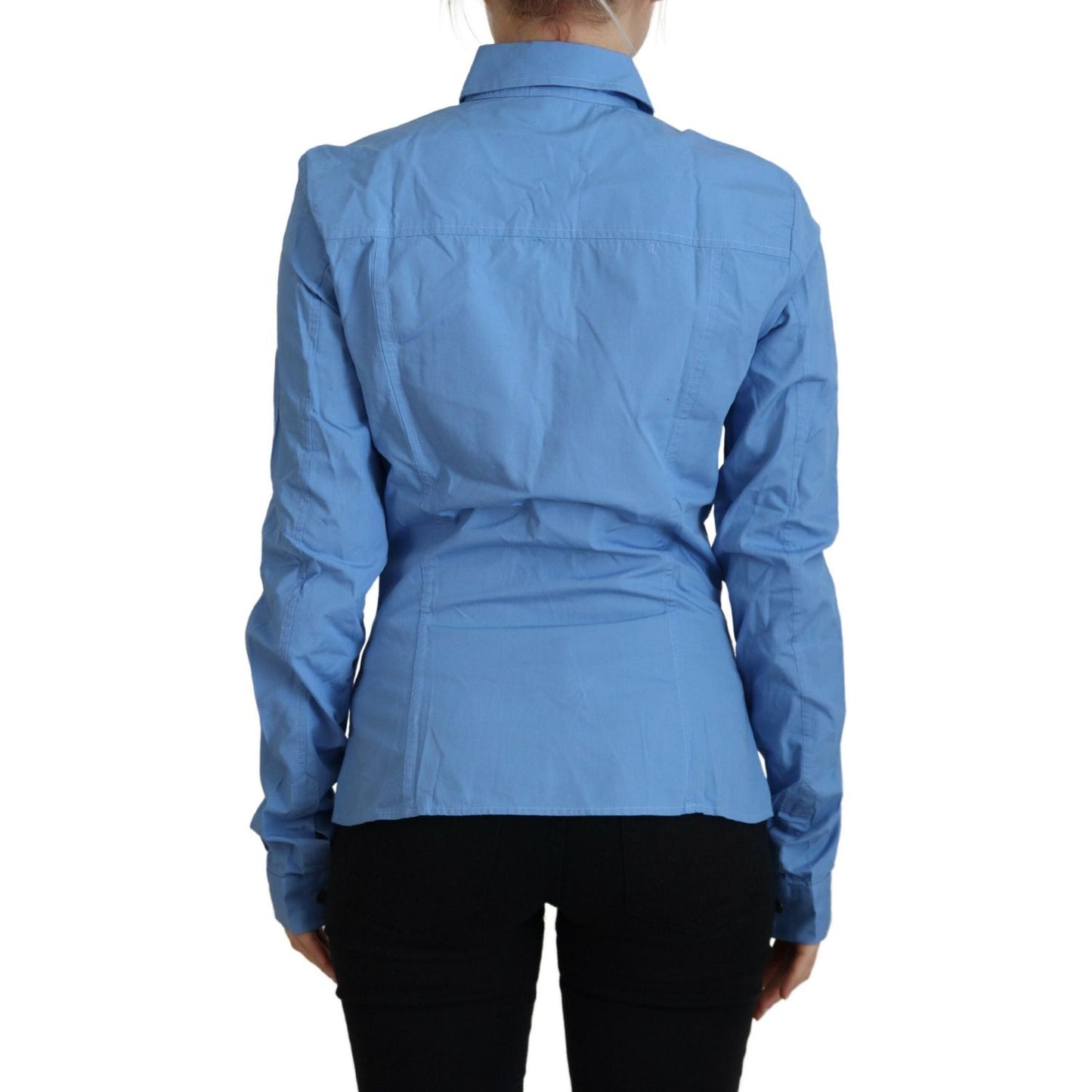 Ferre Blue Cotton Long Sleeves Collared Button Down Top