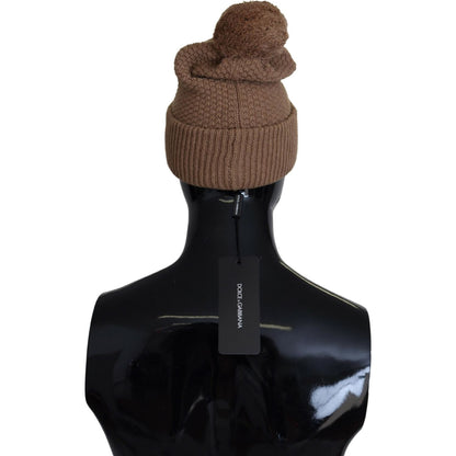 Dolce & Gabbana Brown Solid Knitted Fur Ball Winter Beanie Hat