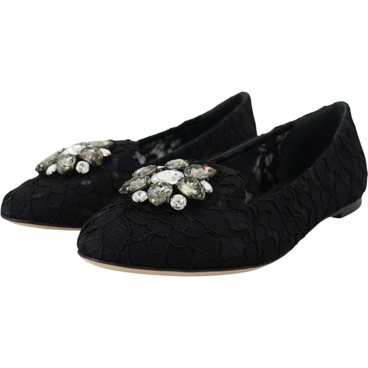 Dolce & Gabbana Black Taormina Lace Crystals Flats Shoes