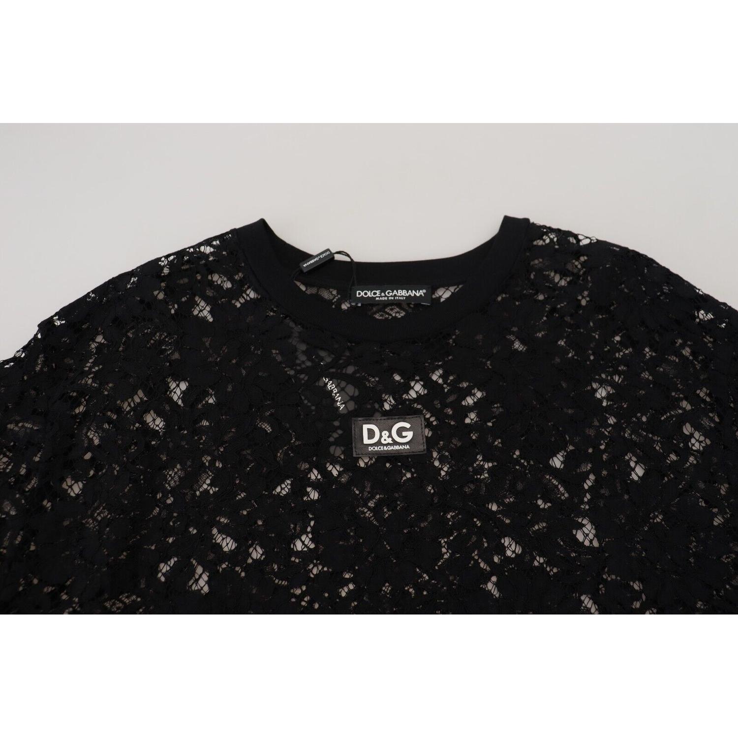 Dolce & Gabbana Black Floral Lace Cotton Shift Mini Dress