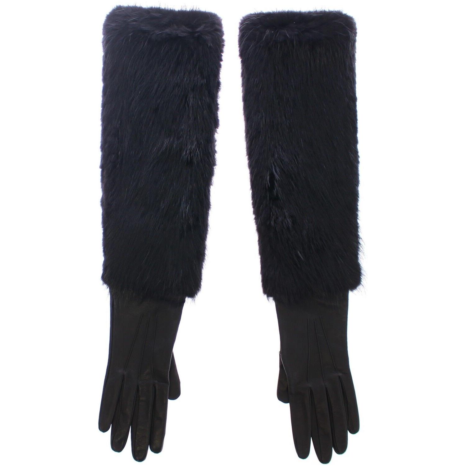 Dolce & Gabbana Black Beaver Fur Lambskin Leather Elbow Gloves