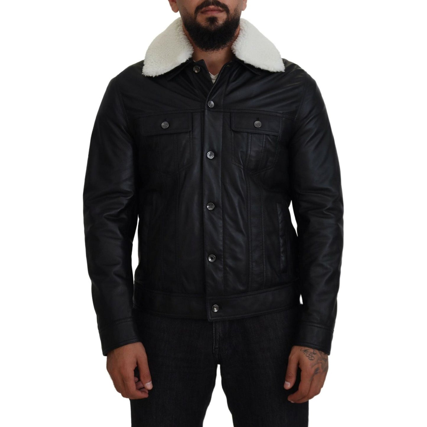 Dolce & Gabbana Black Lamb Leather Collared Men Coat Jacket