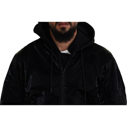 Dolce & Gabbana Black Nylon Hooded Full Zip Bomber Jacket