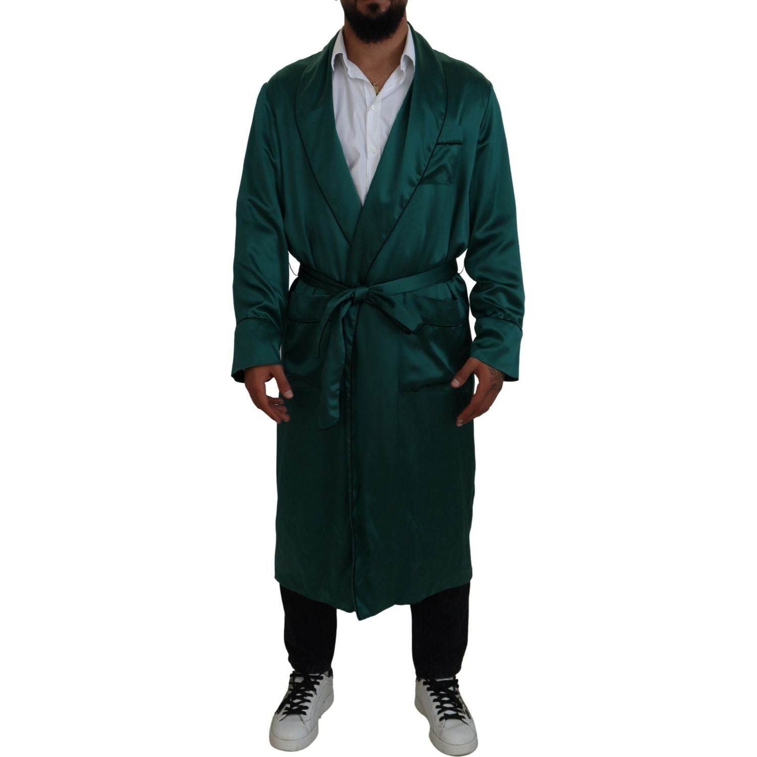 Dolce & Gabbana Green Silk Waist Belt Robe Sleepwear