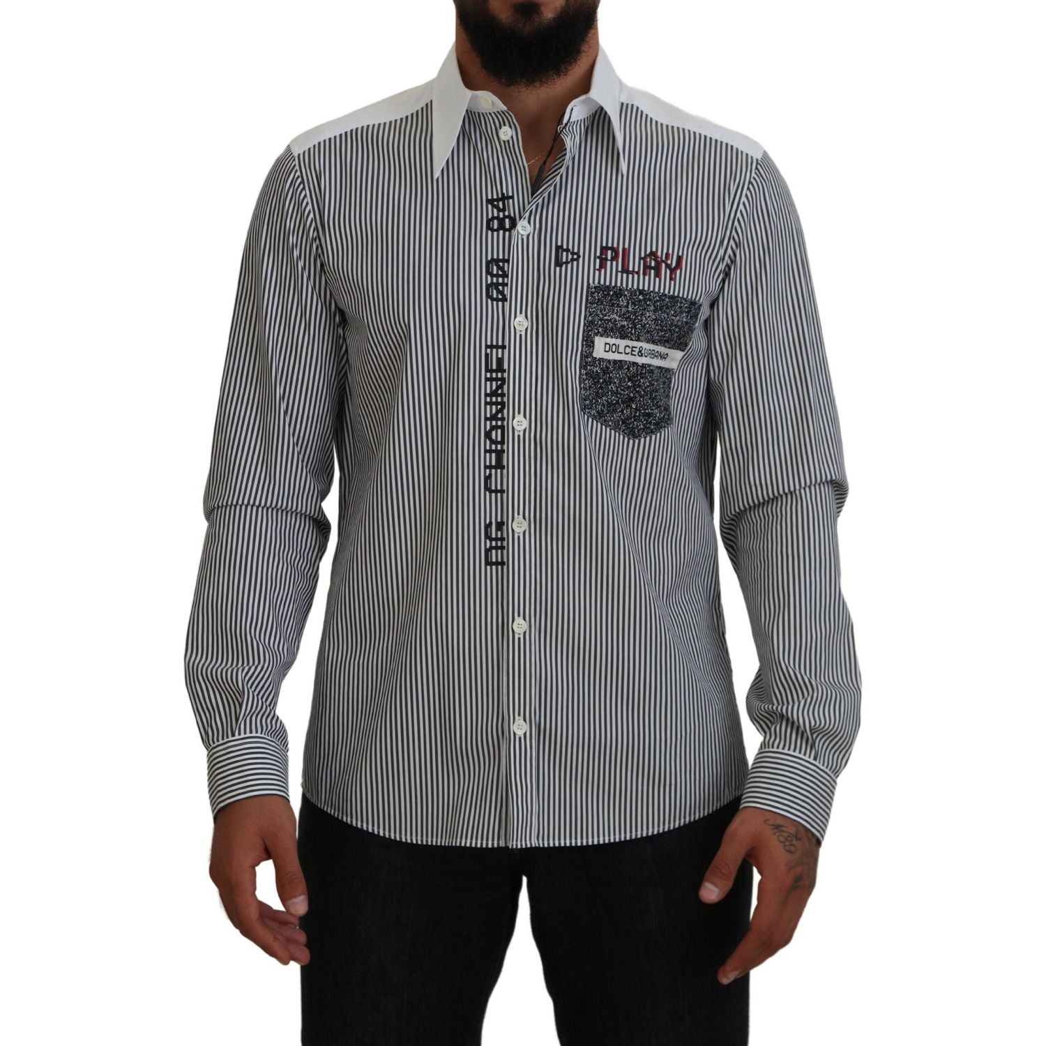 Dolce & Gabbana Black White Striped Printed Casual Cotton Shirt