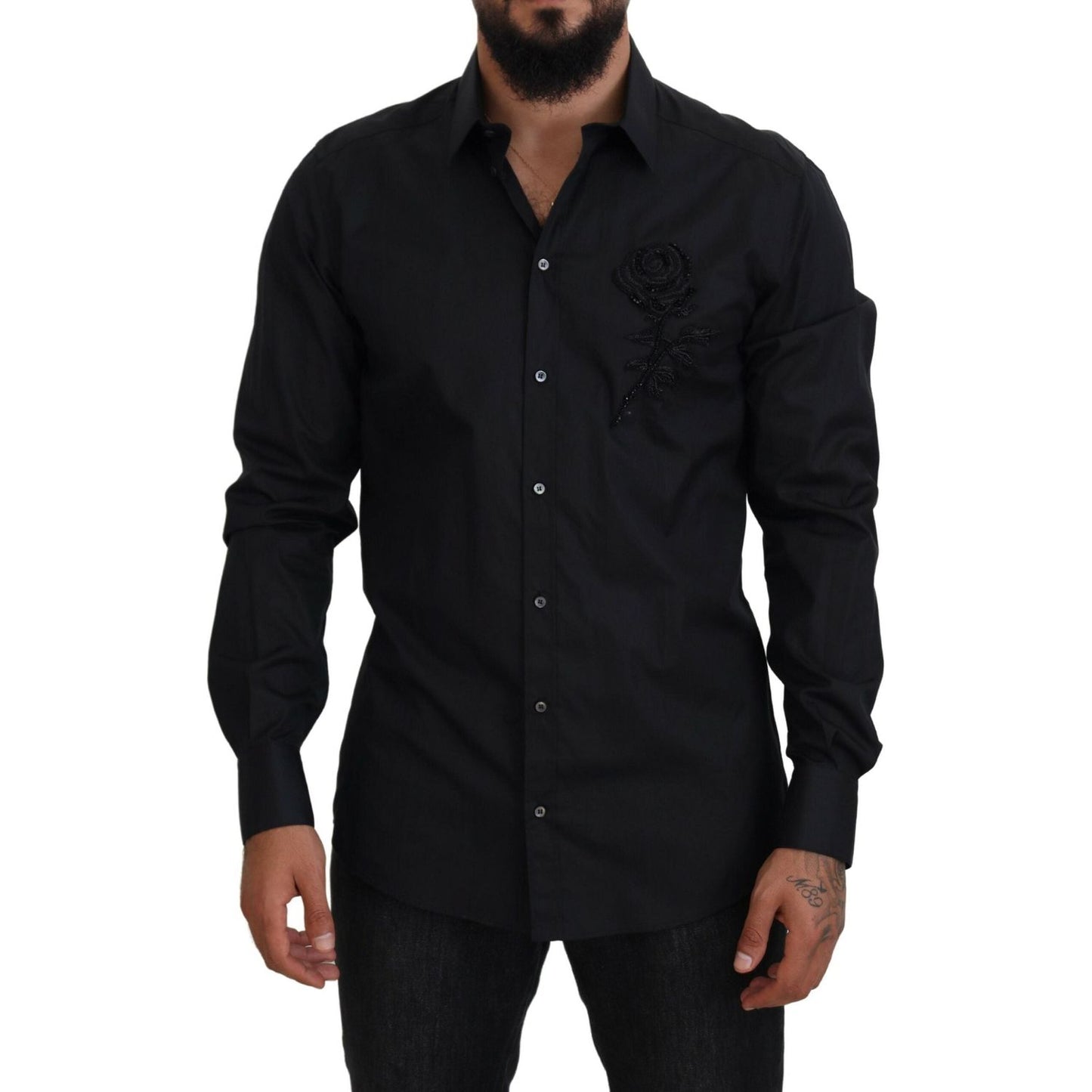 Dolce & Gabbana Black Roses Slim Fit Cotton Shirt
