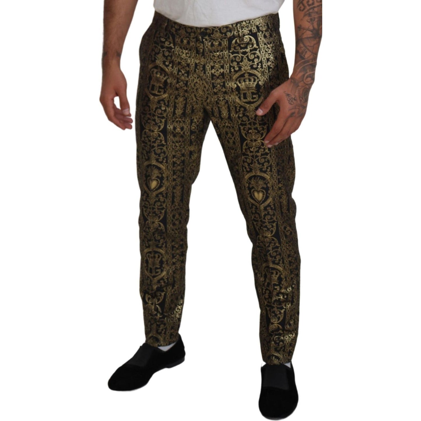 Dolce & Gabbana Black Gold Jacquard Dress Trouser Pants