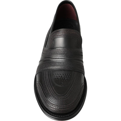 Dolce & Gabbana Black Leather Slipper Loafers Stitched Shoes