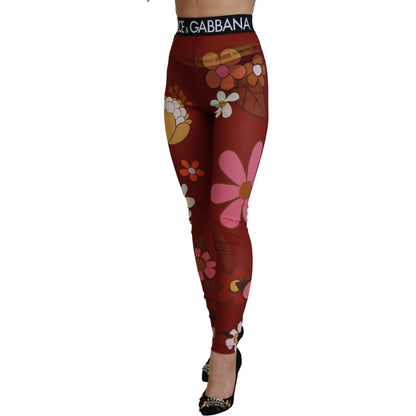 Dolce & Gabbana Red Floral Leggings Stretch Waist Pants