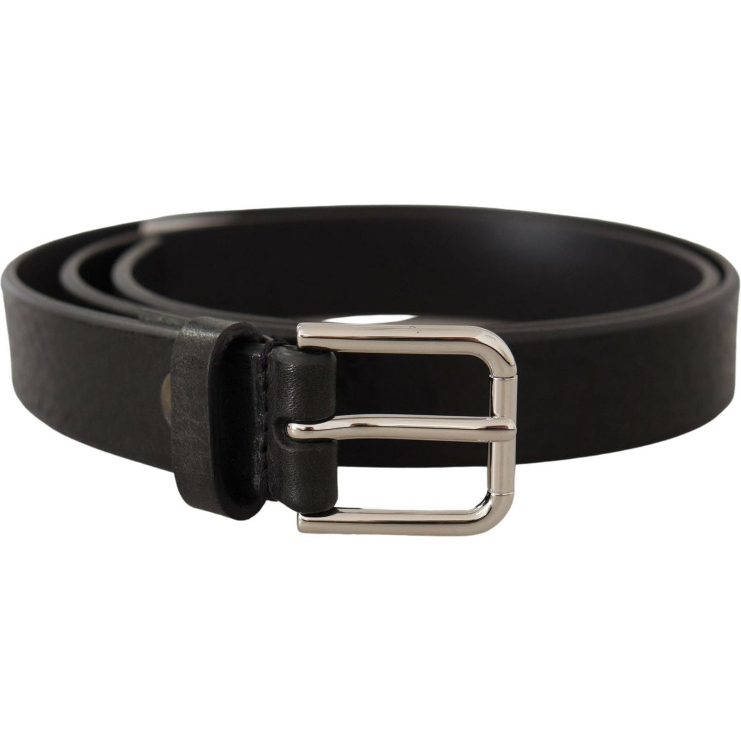 Dolce & Gabbana Black Calf Leather Silver Tone Logo Metal Buckle Belt