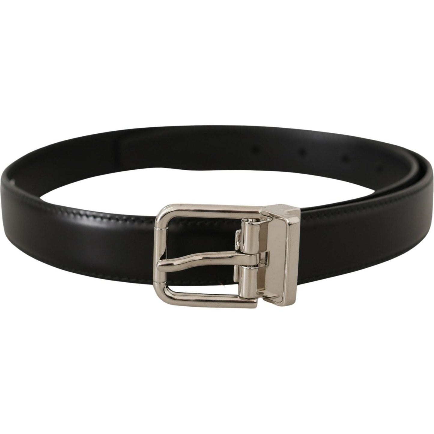 Dolce & Gabbana Black Calf Leather Logo Engraved Metal Buckle Belt