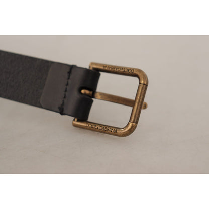 Dolce & Gabbana Black Calf Leather Brass Logo Engraved Buckle Belt