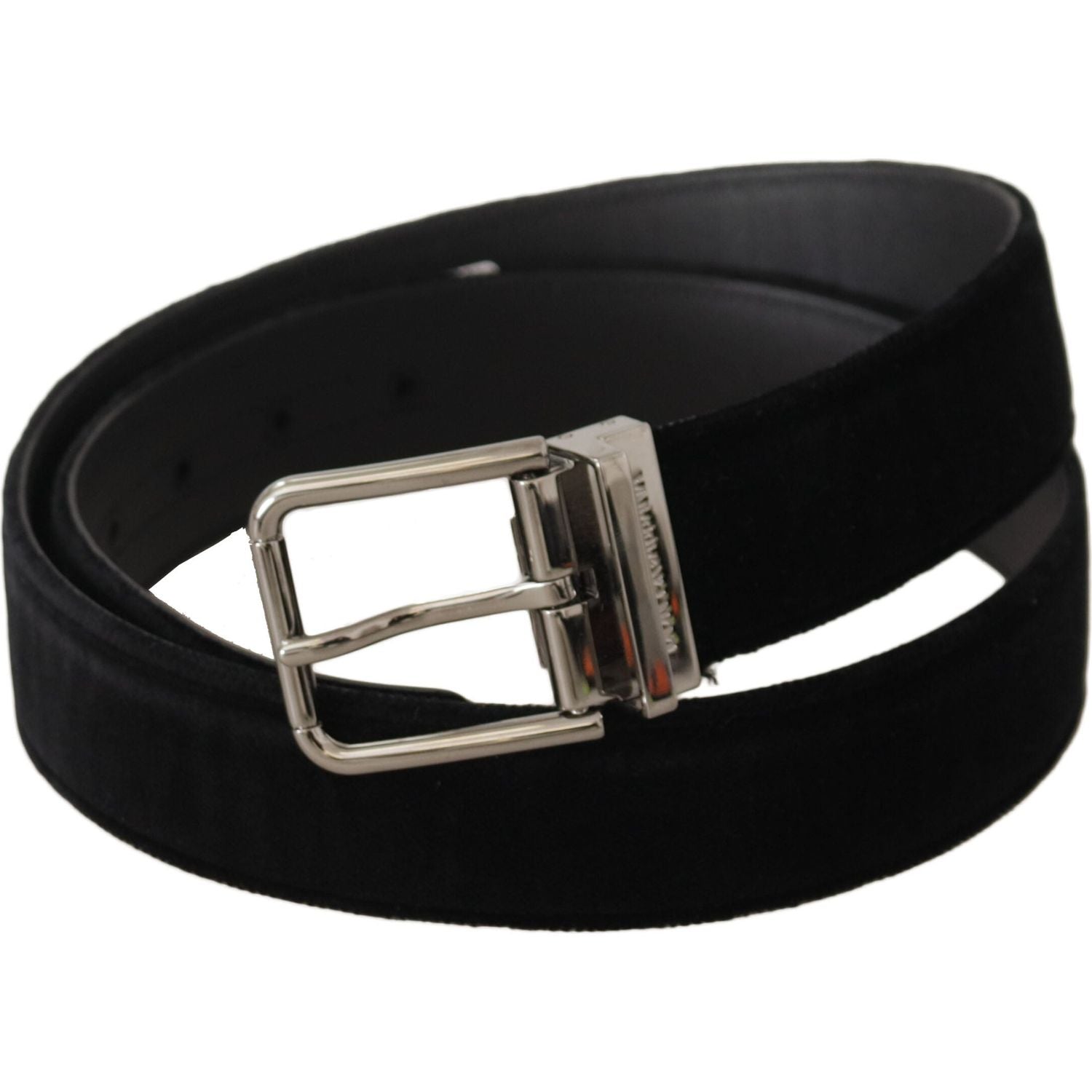Dolce & Gabbana Black Velvet Silver Logo Engraved Metal Buckle Belt