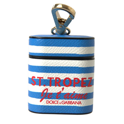Dolce & Gabbana Blue Stripe Dauphine Leather Logo Print Airpod Case