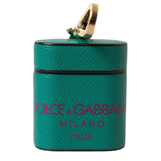Dolce & Gabbana Green Maroon Calf Leather Logo Print Strap Airpods Case