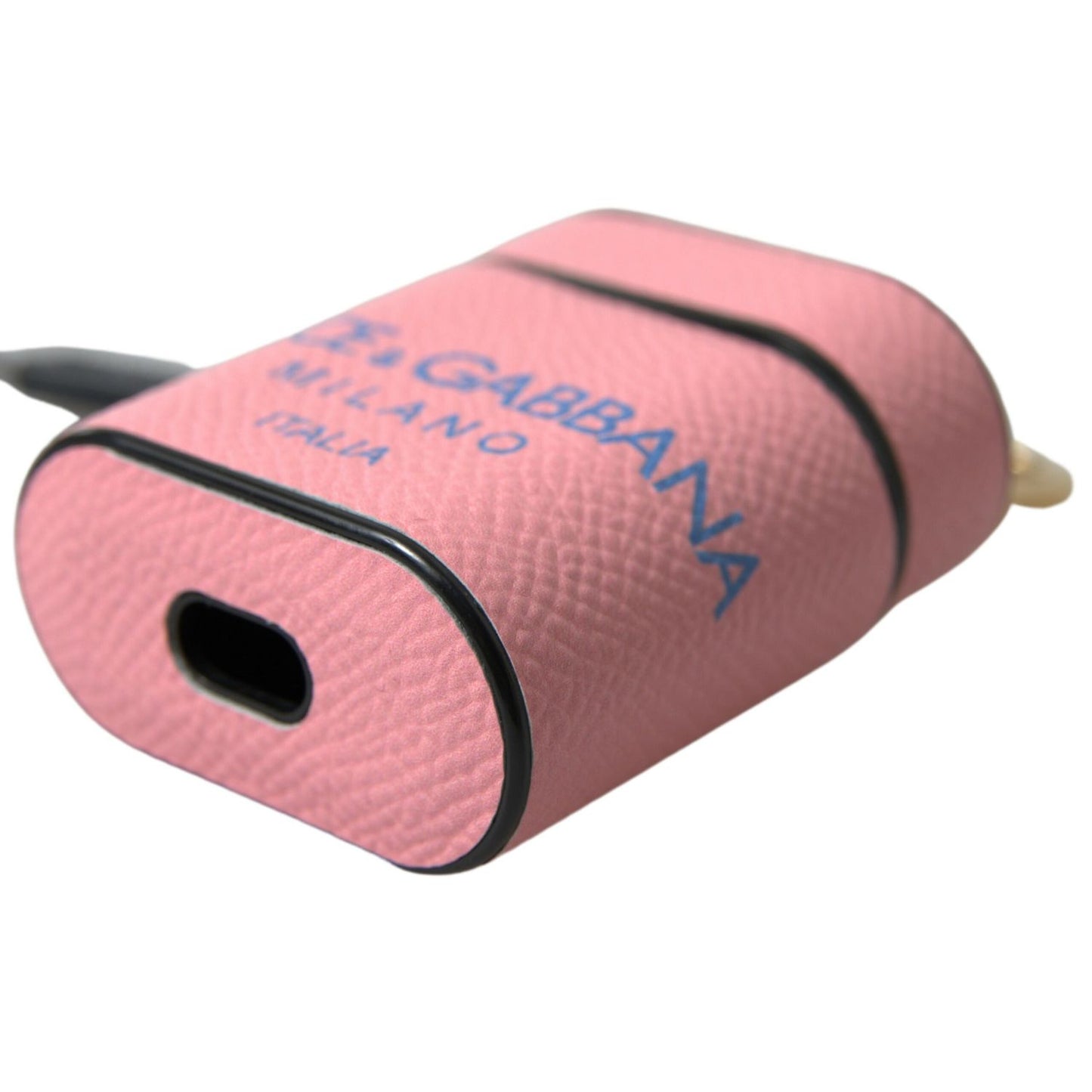Dolce & Gabbana Pink Blue Calf Leather Logo Print Strap Airpods Case