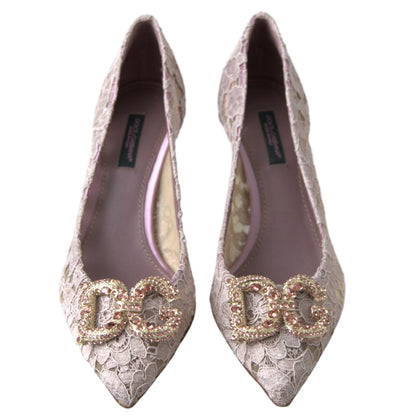Dolce & Gabbana Pink Floral Lace DG Crystal Pumps Shoes