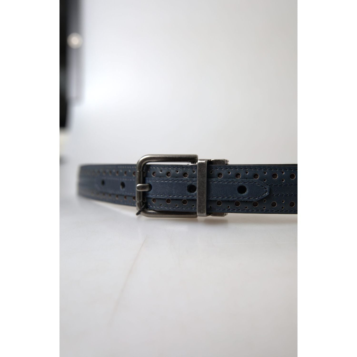 Dolce & Gabbana Blue Leather Perforated Metal Buckle Belt
