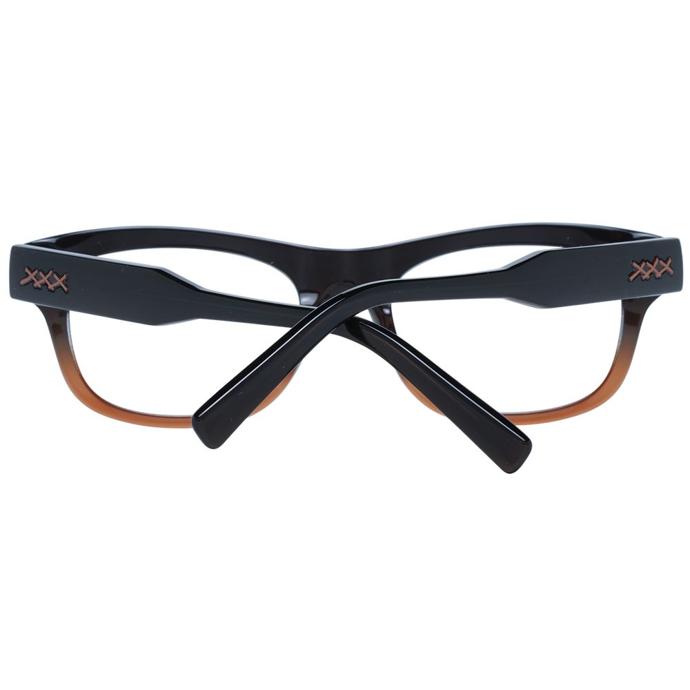 Ermenegildo Zegna Brown Men Glasses Frame with full-rim rectangle style, plastic material, and 53mm lenses, displayed with folded temples.