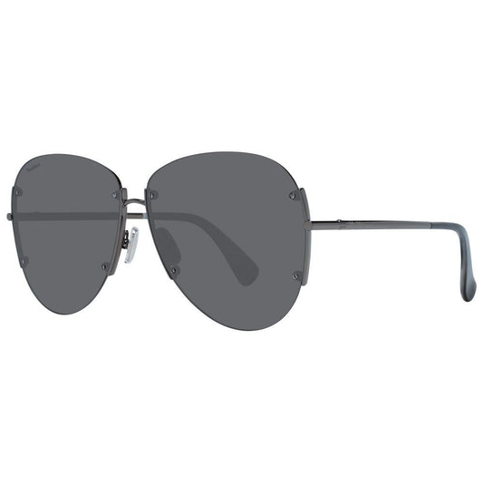 Max Mara gunmetal aviator sunglasses for women with mirrored gray lenses, featuring a metal frame and bottom-rim style, 100% UV protection.