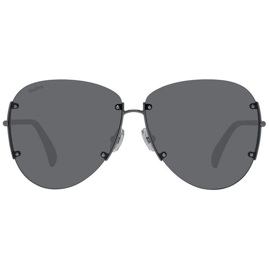 Max Mara gray aviator sunglasses for women, gunmetal metal frame, mirrored grey plastic lenses, bottom-rim style, 100% UVA & UVB protection.