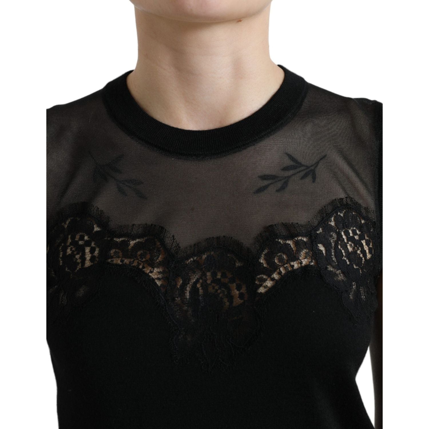 Dolce & Gabbana Black Cashmere Lace Trim Sleeveless Tank Top