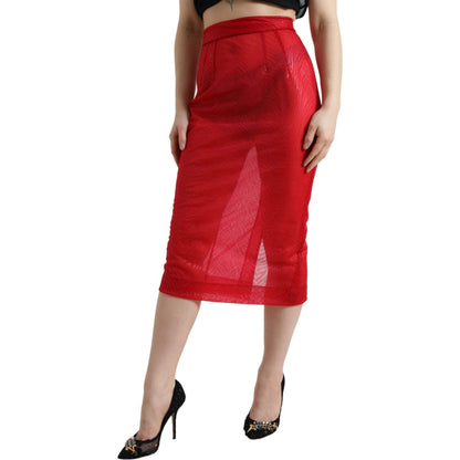 Dolce & Gabbana Red Sheer High Waist Pencil Cut Midi Skirt