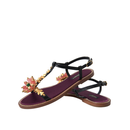 Dolce & Gabbana Black Crystal Gold Sandals Leather Shoes